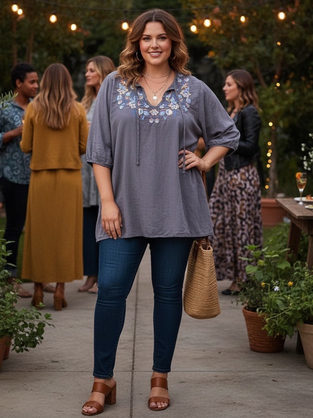 Johnny Was Embroidered V-Neck Top - Gray